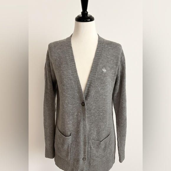 Abercrombie & Fitch Cardigan Grandpa Sweater Gray L | Moose Logo | Pockets - Picture 2 of 7